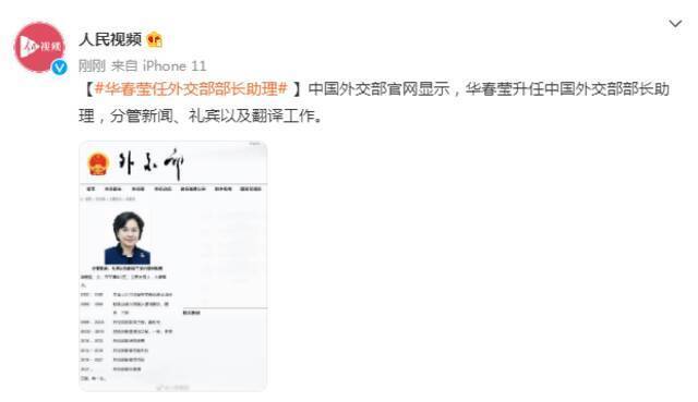 华春莹任外交部部长助理