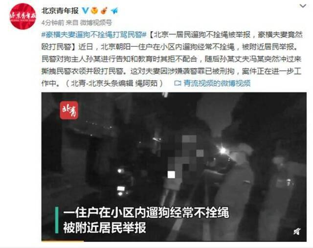 北京一居民遛狗不拴绳被举报 豪横夫妻殴打民警被刑拘