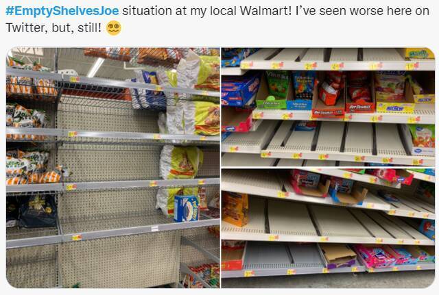 一推特网友晒出的沃尔玛超市货架图图片来源：推特截图