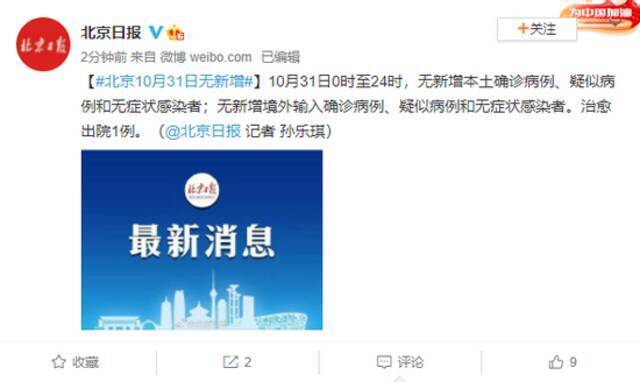 北京10月31日无新增新冠肺炎确诊病例