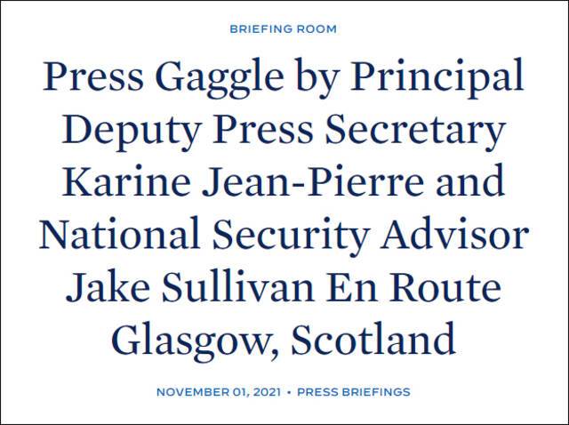 沙利文在前往格拉斯哥途中召开记者会，白宫网站截图
