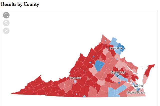 弗吉尼亚州各个县市纷纷“翻红”图源：《纽约时报》