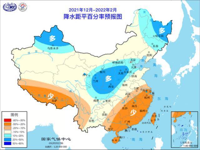  2021年12月至2022年2月降水量距平百分率预报图