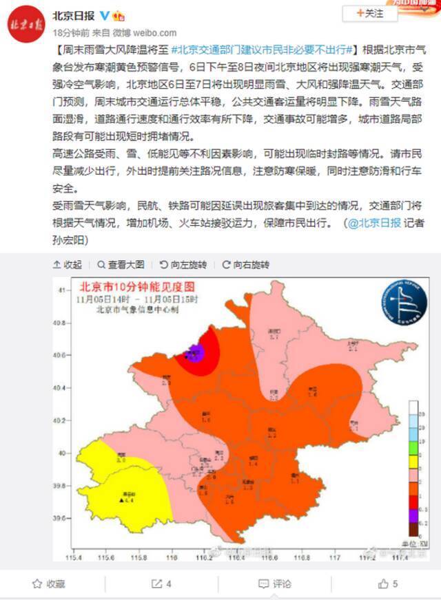 周末雨雪大风降温将至 北京交通部门建议市民非必要不出行