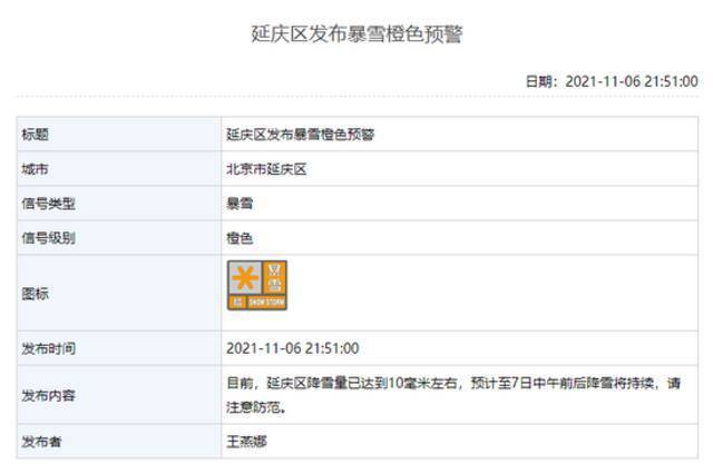 注意！北京延庆区发布暴雪橙色预警