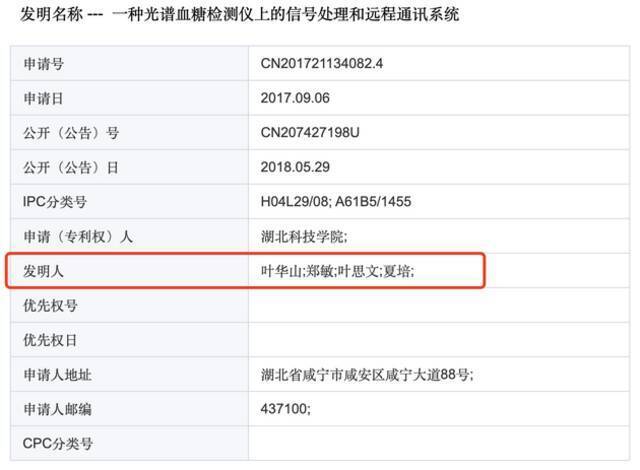 《一种光谱血糖检测仪上的信号处理和远程通讯系统》专利申报信息。国家知识产权局专利检索及分析官网截图