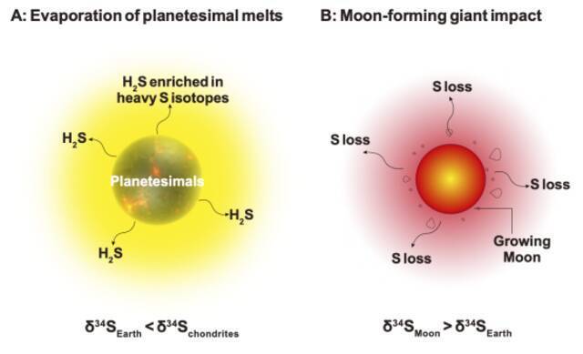 图：早期星胚熔融挥发和月球形成过程中硫挥发导致的硫同位素效应。