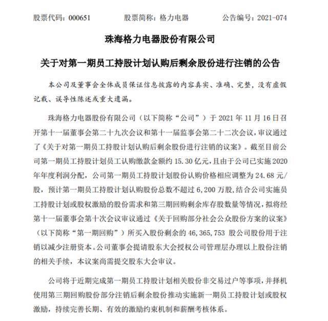 格力电器：拟将第一期回购的剩余股份4636.58万股变更用途并注销