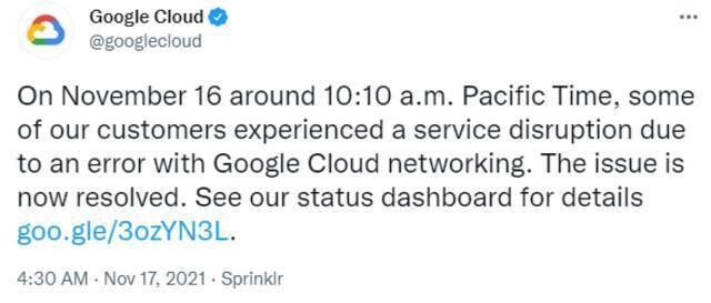 谷歌云服务故障已解决，此前家得宝、Spotify等多家公司网站受影响