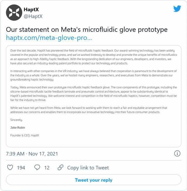 HaptX指控Meta抄袭了其触觉手套专利设计