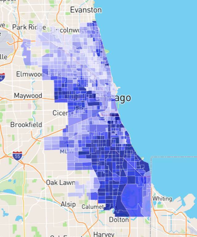 芝加哥危险地区实时更新图。（颜色越深代表危险系数越高，危险系数的参考标准是地区历年暴力和抢劫案件的总数）图片来源： Neighborhoodscout网站