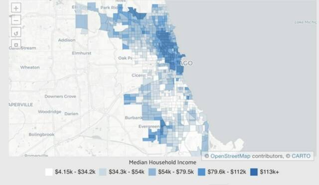  2019年芝加哥各地区家庭年收入中位数示意图。图片来源：DATAUSA