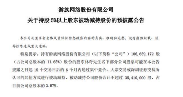 游族网络：林奇名下质押股份拟被动减持不超3.87%股份