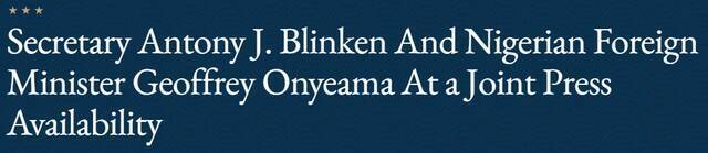 布林肯与奥马尼亚召开联合记者会，美国国务院网站截图