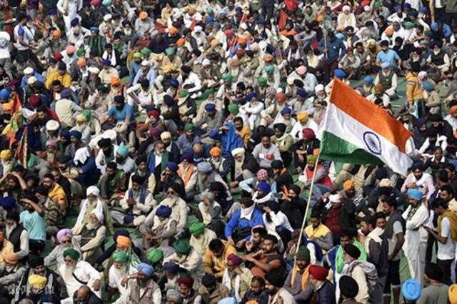 当地时间2020年12月5日，印度新德里，农民们聚集起来抗议，要求政府废除2020年通过的三项农业法案。图自澎湃影像