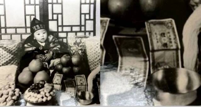 尹锡悦周岁宴照（左）和放大后的纸币照（右）