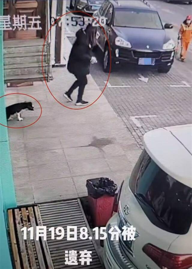黑衣女子将狗遗弃在宠物医院门口（视频截图）