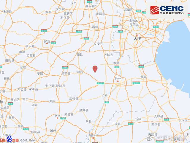 河北沧州市河间市发生2.8级地震，震源深度12千米