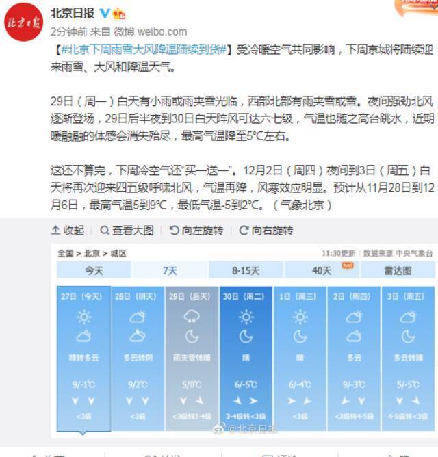 北京下周雨雪大风降温陆续到货