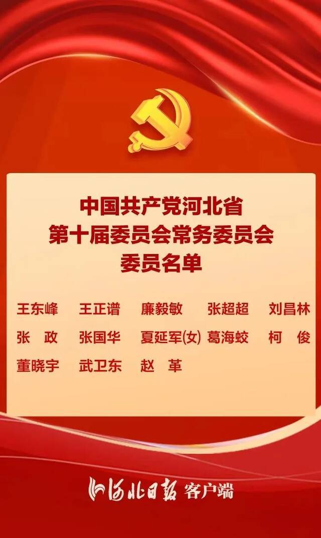 王东峰当选河北省委书记 王正谱、廉毅敏为省委副书记