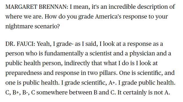 福奇称美国在疫情处置上的得分只能得B或C 网民：美国也配？