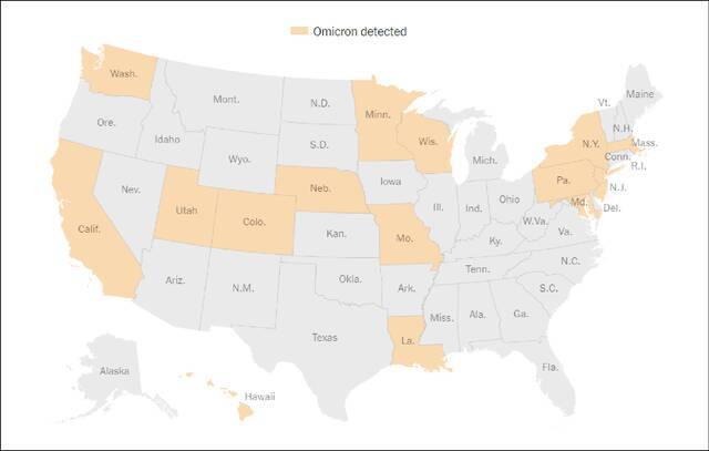 全美出现奥密克戎确诊病例的地区图源：《纽约时报》