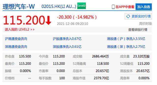 造车新势力大幅低开，理想汽车港股开跌近15%