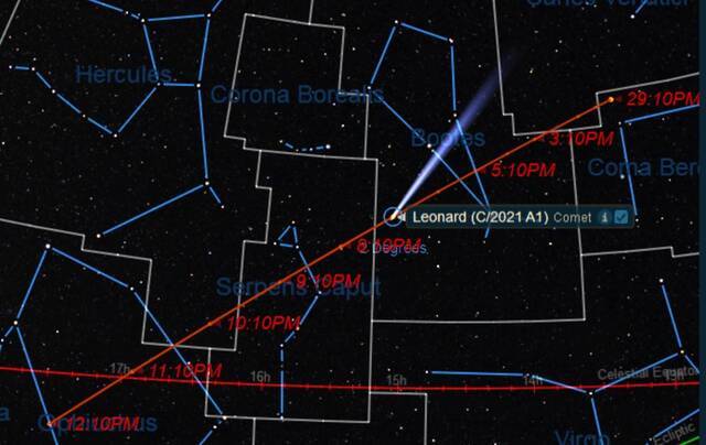 今年第一颗长周期彗星C/2021 A1 Leonard将于本月12日通过地球黎明时分位于天蝎座