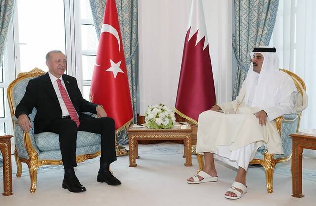当地时间2021年12月7日，卡塔尔多哈，土耳其总统埃尔多安与卡塔尔国埃米尔塔米姆·本·哈马德·阿勒萨尼会晤。视觉中国图