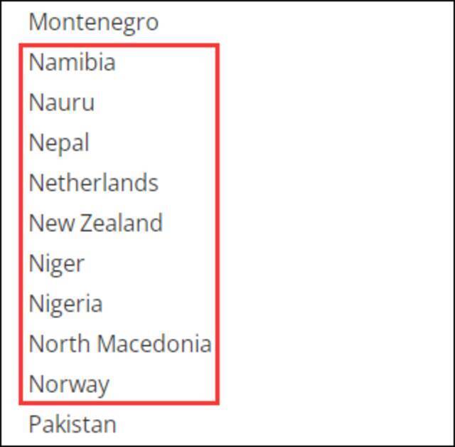 美国国务院网站所列“民主峰会”受邀方名单，“N”字开头部分并没有尼加拉瓜