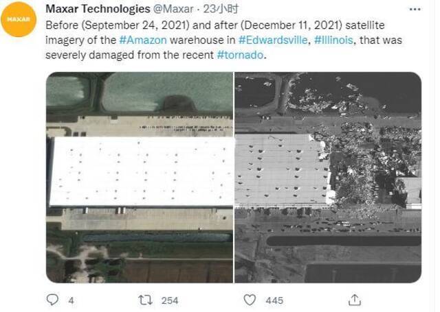 Maxar卫星图像显示了亚马逊仓库遭遇龙卷风前后的对比图。图片来源：Maxar社交账户截图