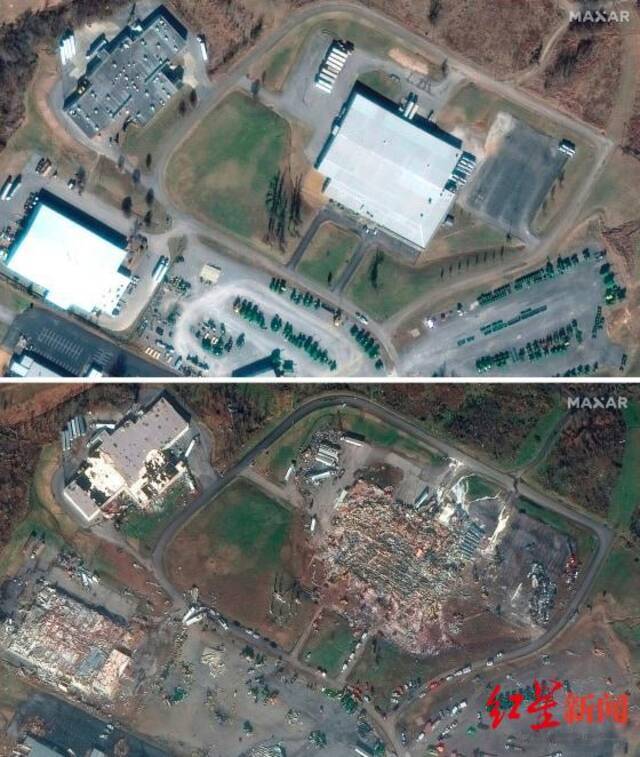 ▲卫星图片显示了这家蜡烛厂和附近的建筑在龙卷风来袭前后的对比