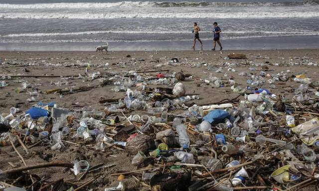↑巴厘岛贝拉瓦海滩上的塑料垃圾。
