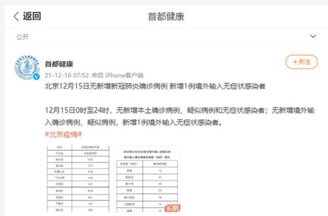 北京12月15日无新增新冠肺炎确诊病例 新增1例境外输入无症状感染者