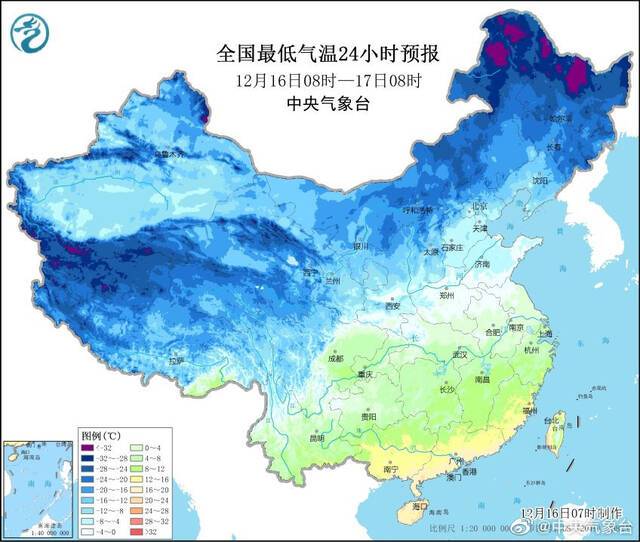 12月16日08时至18日20时，我国中东部大部地区将降温6~10℃