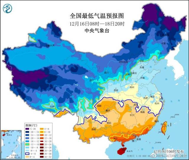 12月16日08时至18日20时，我国中东部大部地区将降温6~10℃