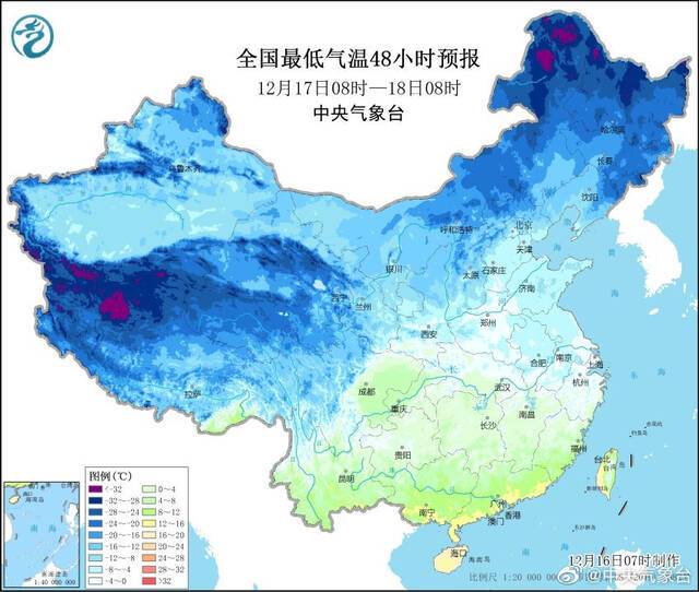 12月16日08时至18日20时，我国中东部大部地区将降温6~10℃