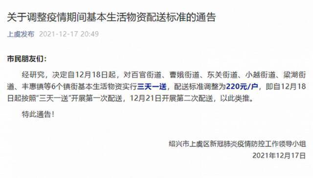 浙江绍兴上虞区：18日起对6个镇街基本生活物资实行三天一送，标准调整为220元/户