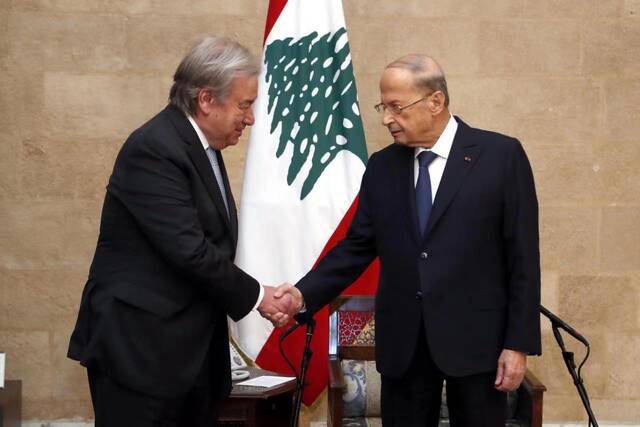 黎巴嫩总统奥恩会见联合国秘书长古特雷斯