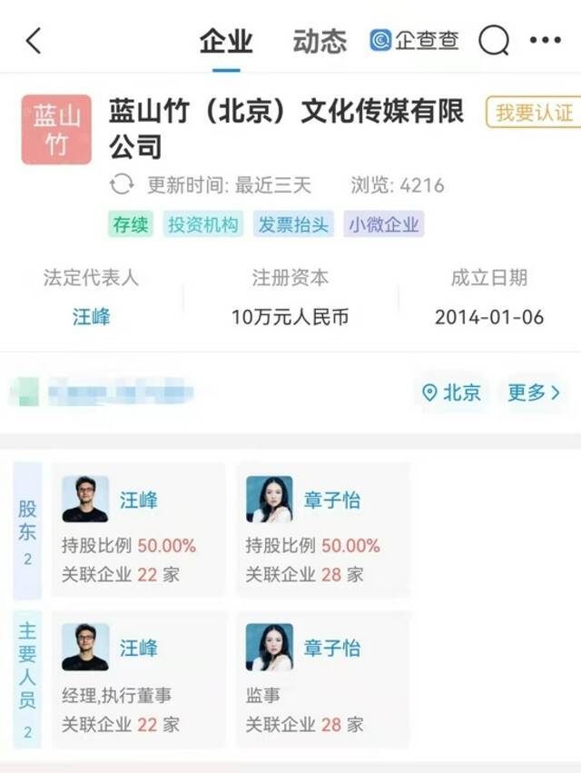 章子怡汪峰关联公司情况