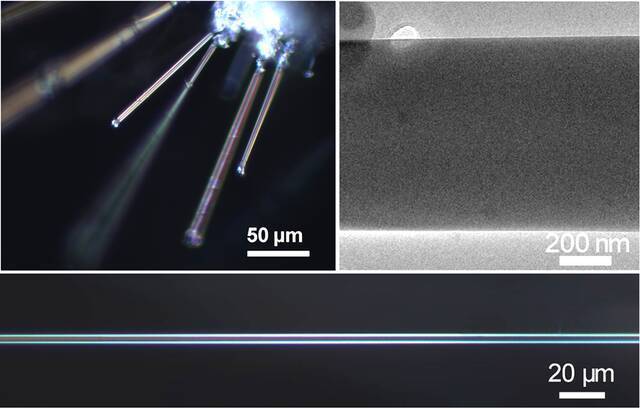研究团队制备的直径均匀的冰单晶微纳光纤。受访者供图