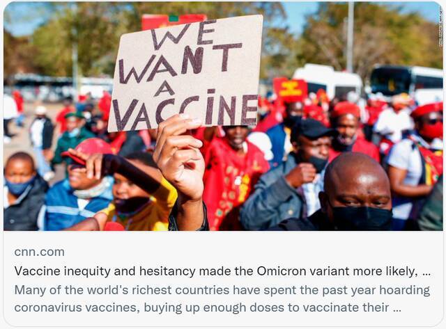 疫苗接种不平等让奥密克戎这类变异株更有可能出现。/社交媒体截图