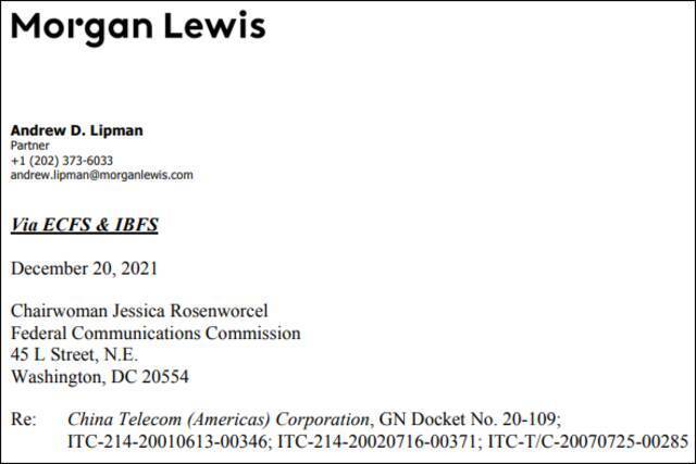中国电信美洲公司致FCC主席信函截图