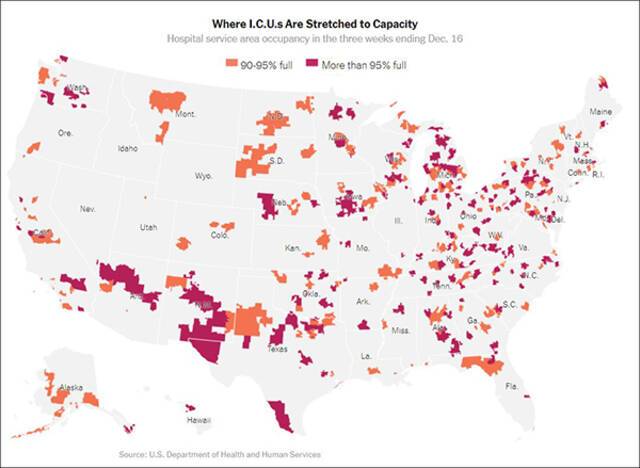 美国各地ICU病房床位紧张图自《纽约时报》