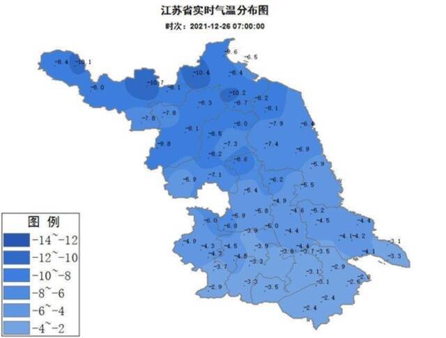 今晨江苏最低气温跌破-10℃