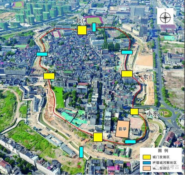 新登古城鸟瞰和发掘点位置图