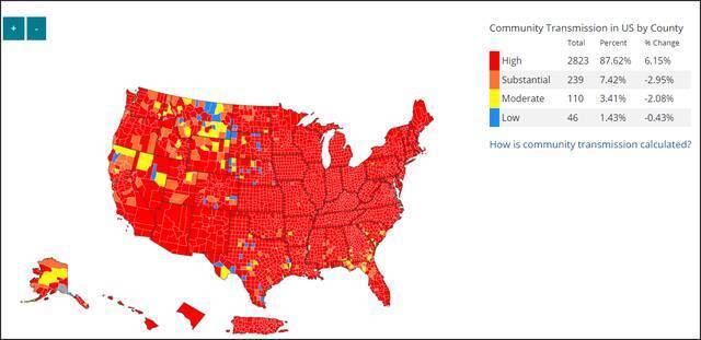 社区传播水平热力图（以县为单位）（截自美CDC官网）
