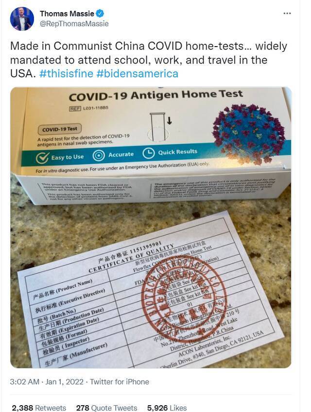 美议员“抱怨”新冠病毒检测试剂盒都是中国产，结果网民劝他认清现实