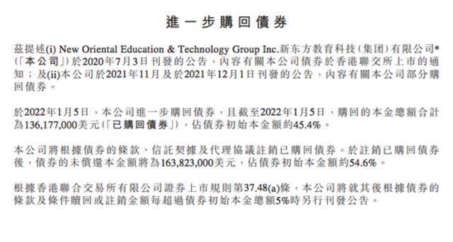 新东方：累计购回债券本金总额合计1.36亿美元