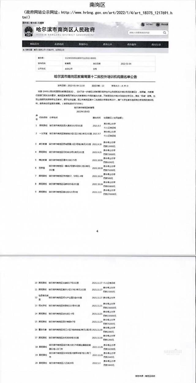 哈尔滨公布第十二批62家校外培训机构黑名单